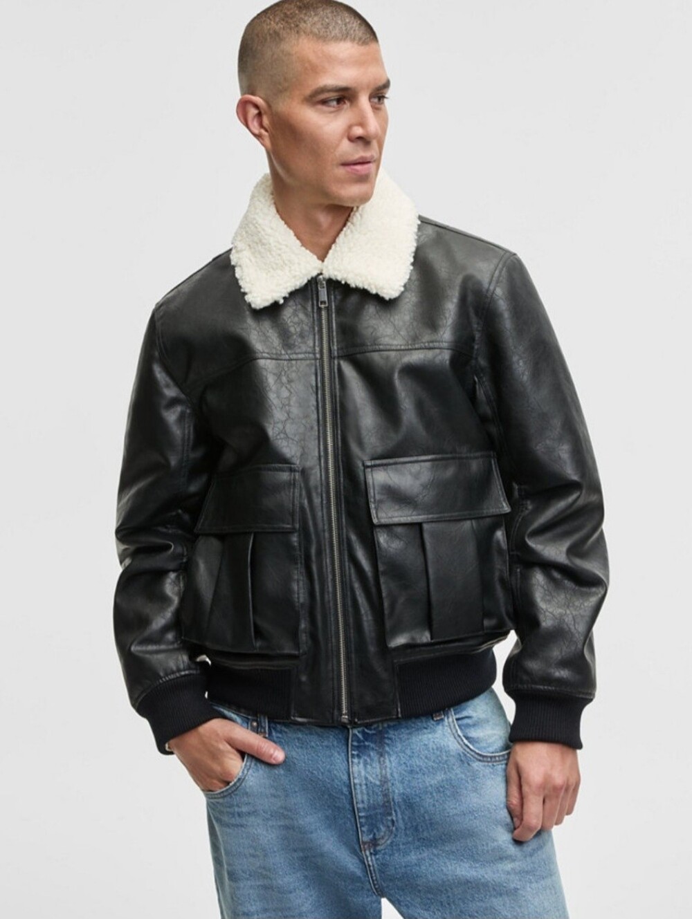 Mode of One Men's Relaxed-Fit Sherpa-Collar Faux-Leather Bomber Jacket MSRP $169